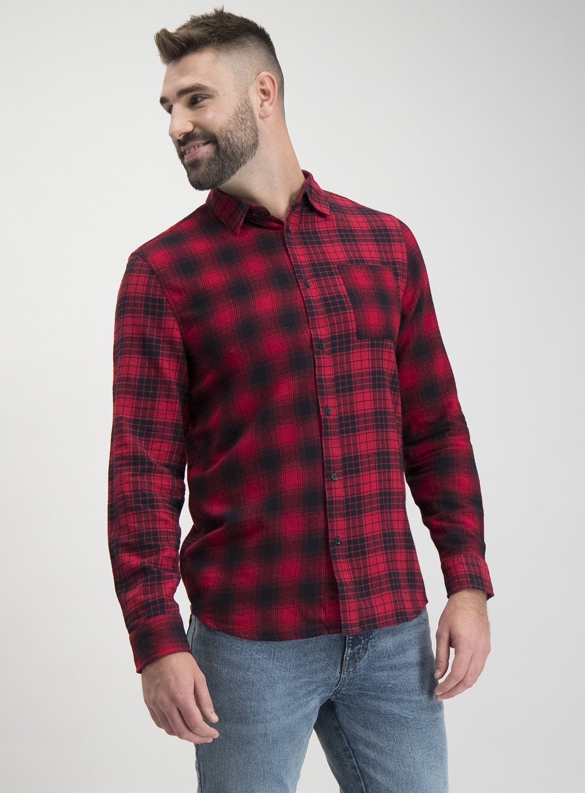 red check shirt and black jeans